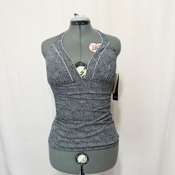 Profile By Gottex NWT Sz 14 Black White Colette V-Neck Halter Tankini Swim Top - Picture 8 of 13